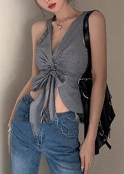 Sexy Grey V Neck Tie Waist Vest Summer