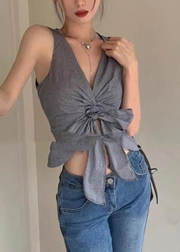 Sexy Grey V Neck Tie Waist Vest Summer