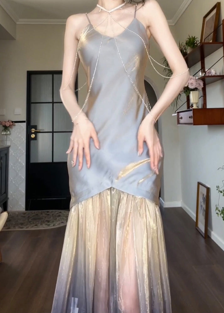 Sexy Grey V Neck Tulle Patchwork Spaghetti Strap Dress Sleeveless