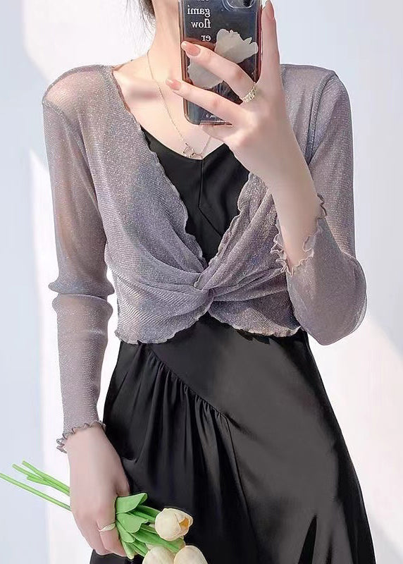 Sexy Grey V Neck Wrinkled Tulle Top Long Sleeve