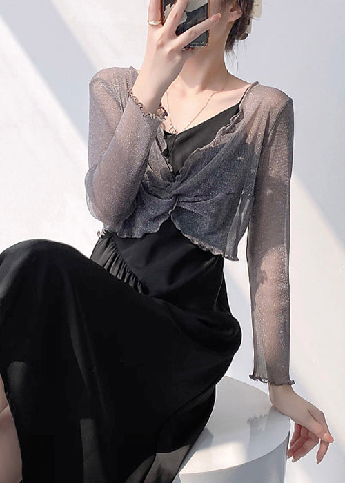 Sexy Grey V Neck Wrinkled Tulle Top Long Sleeve