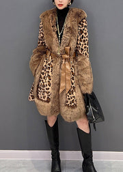 Sexy Leopard Fur Collar Print Patchwork Button Tie Waist Mink Velvet Leather And Fur Thick Coats Winter