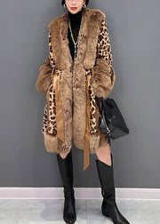 Sexy Leopard Fur Collar Print Patchwork Button Tie Waist Mink Velvet Leather And Fur Thick Coats Winter