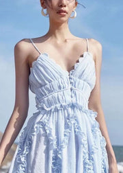 Sexy Light Blue Ruffled Patchwork Backless Spaghetti Strap Dresses Vestidos Summer