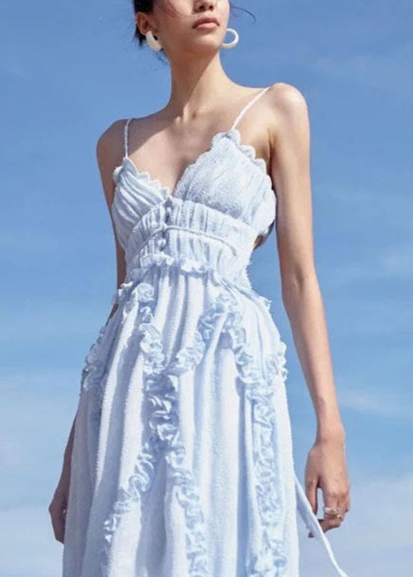 Sexy Light Blue Ruffled Patchwork Backless Spaghetti Strap Dresses Vestidos Summer