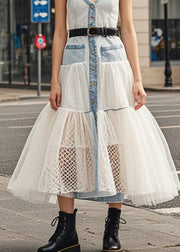 Sexy Light Blue Silm Fit Patchwork Tulle Denim Long Dresses Summer