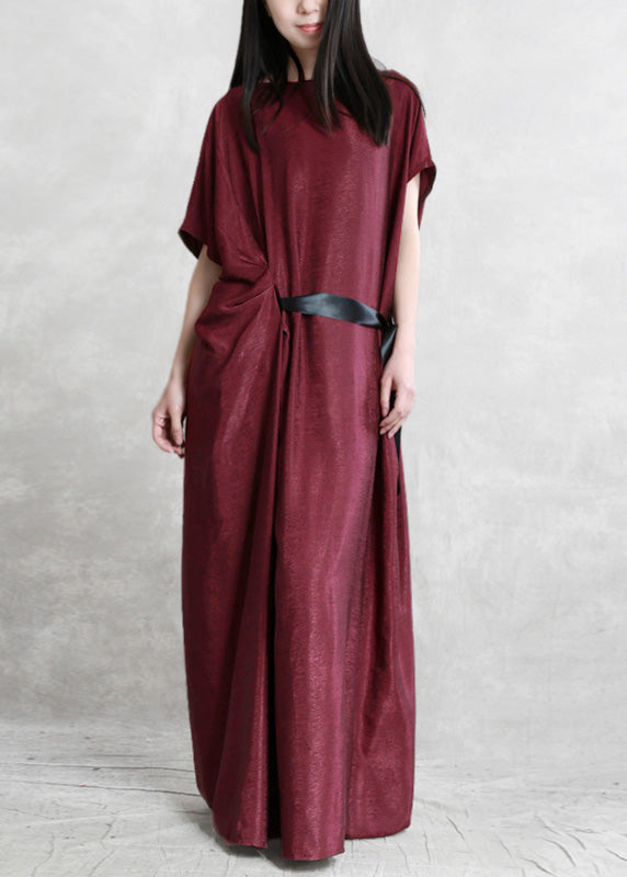 Sexy Mulberry O-Neck Asymmetrical Tie Waist Silk Long Dresses Short Sleeve