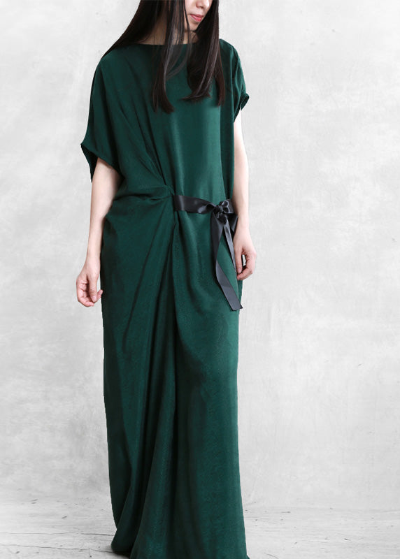 Sexy Mulberry O-Neck Asymmetrical Tie Waist Silk Long Dresses Short Sleeve