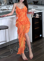 Sexy Orange Asymmetrical Ruffled Tulle Spaghetti Strap Dress Sleeveless