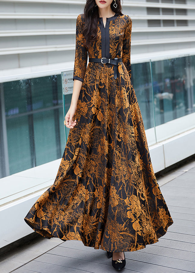 Sexy Orange Print Sashes Long Traveling Dress Spring