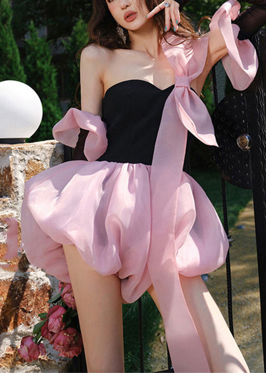 Sexy Pink Bow Patchwork Lace Up Strapless Jumpsuit Summer