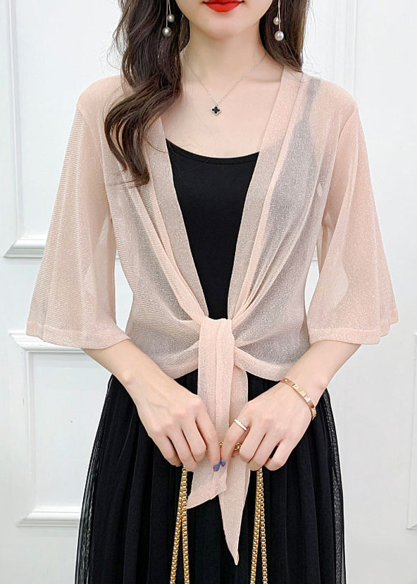 Sexy Pink Bright Silk Lace Up Tulle Cardigan Summer