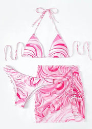 Sexy Pink Cinched Halter Lace Up Swimwear Set
