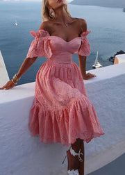 Sexy Pink Hollow Out Solid Cotton Dresses Summer
