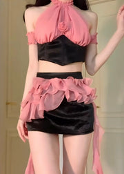Sexy Pink Ruffled Patchwork Cotton Two Pieces Set Sleeveless