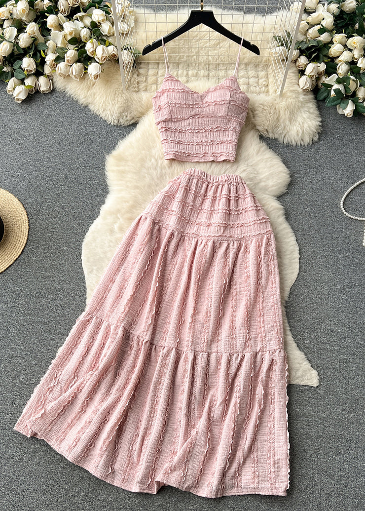 Sexy Pink Ruffled Tops And Skirts Cotton Two Pieces Set Sleeveless