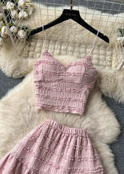 Sexy Pink Ruffled Tops And Skirts Cotton Two Pieces Set Sleeveless