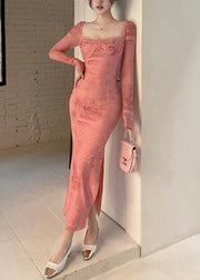 Sexy Pink Square Collar Side Open Cotton Long Dress Spring