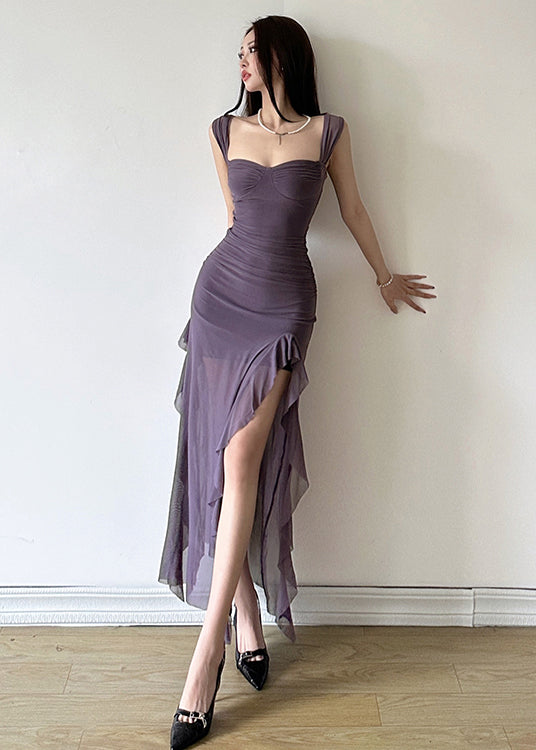 Sexy Purple Ruffled Tulle Side Open Slim Fitting Suspender Dress