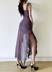 Sexy Purple Ruffled Tulle Side Open Slim Fitting Suspender Dress