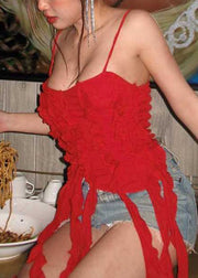 Sexy Red Asymmetrical Solid Cotton Spaghetti Strap Tank Sleeveless
