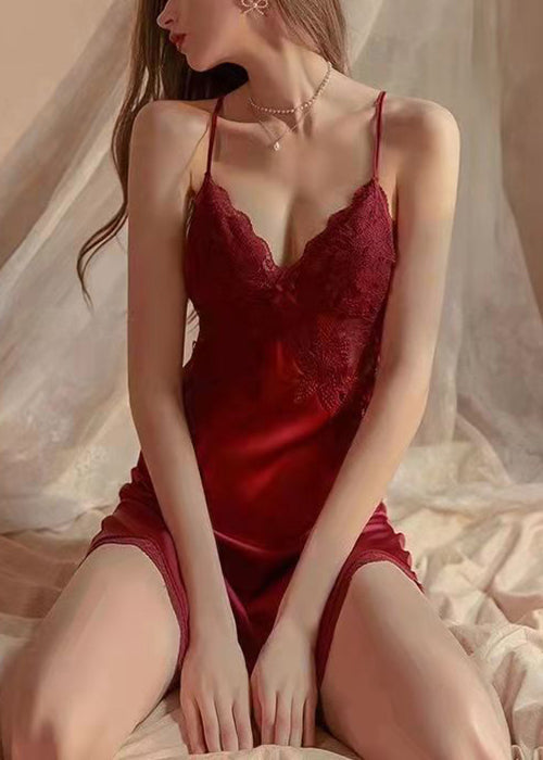 Sexy Red Backless Lace Patchwork Ice Silk Pajamas Mini Dress Sleeveless