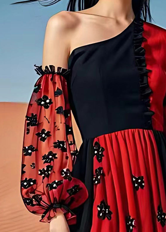 Sexy Red Cold Shoulder Print Patchwork Chiffon Maxi Dress Summer