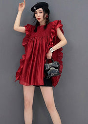 Sexy Red O-Neck Ruffles Wrinkled Chiffon Dress Short Sleeve