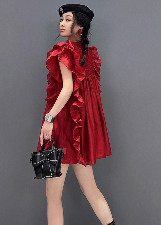 Sexy Red O-Neck Ruffles Wrinkled Chiffon Dress Short Sleeve