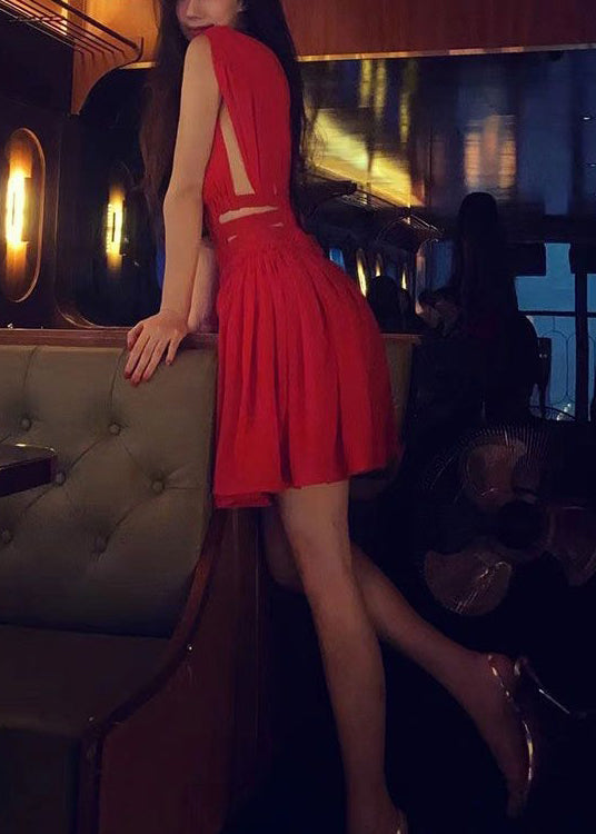 Sexy Red V Neck Hollow Out Chiffon Mid Dress Summer