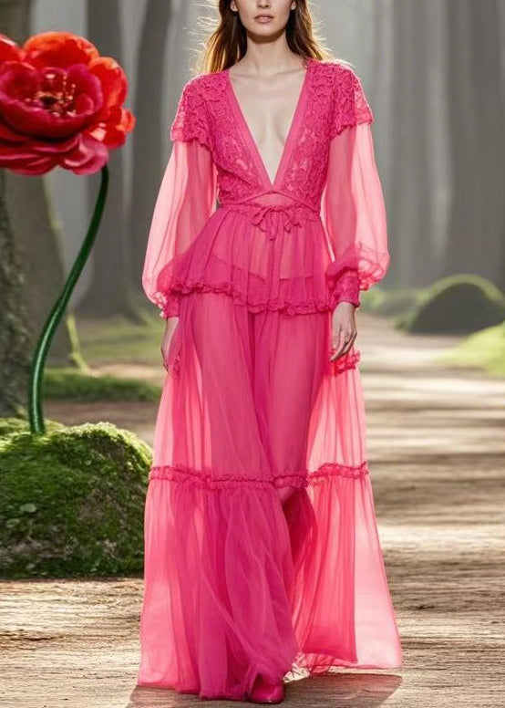 Sexy Rose V Neck Ruffled Lace Up Chiffon Long Dresses Spring