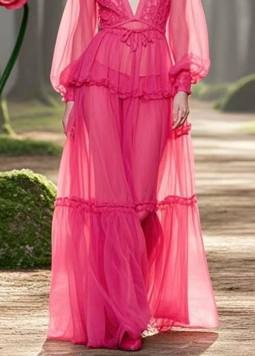 Sexy Rose V Neck Ruffled Lace Up Chiffon Long Dresses Spring