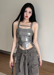 Sexy Silvery Cinched Faux Leather Vest Sleeveless