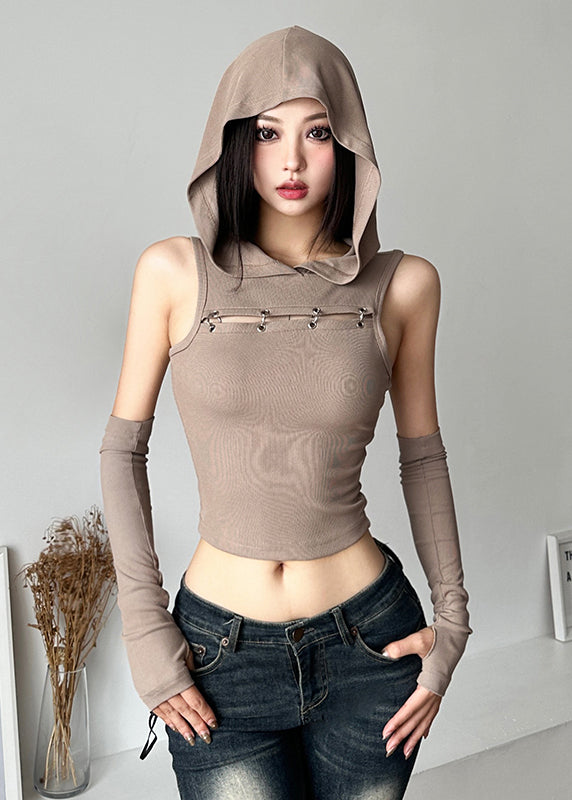 Sexy Spicy Girl Khaki Spliced Hooded Hollow Short Top