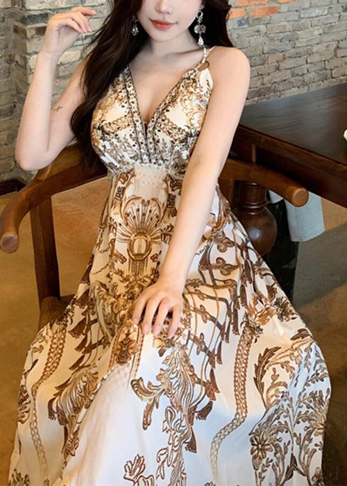 Sexy V Neck Print High Waist Spaghetti Strap Dress Sleeveless