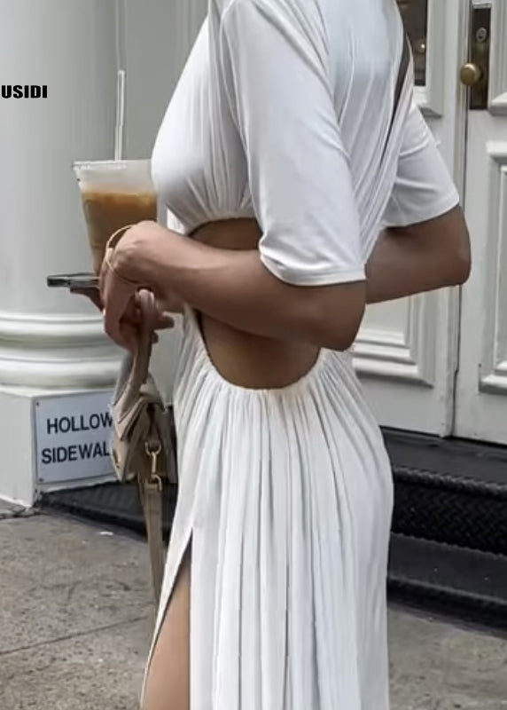 Sexy White Asymmetrical Design Hollow Out Side Open Dresses Summer