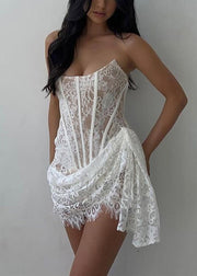 Sexy White Cold Shoulder Asymmetrical Lace Cotton Mini Dress Sleeveless