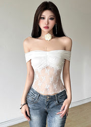 Sexy White Cold Shoulder Lace Patchwork Sheer Top Summer