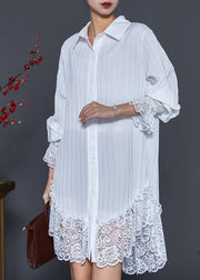 Sexy White Lace Patchwork Wrinkled Chiffon Shirt Dress Spring