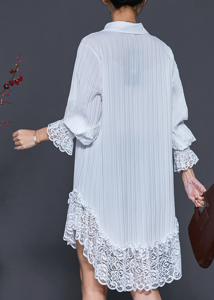 Sexy White Lace Patchwork Wrinkled Chiffon Shirt Dress Spring