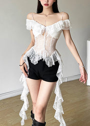 Sexy White Lace Up Hollow Out Lace Spaghetti Strap Tank Summer