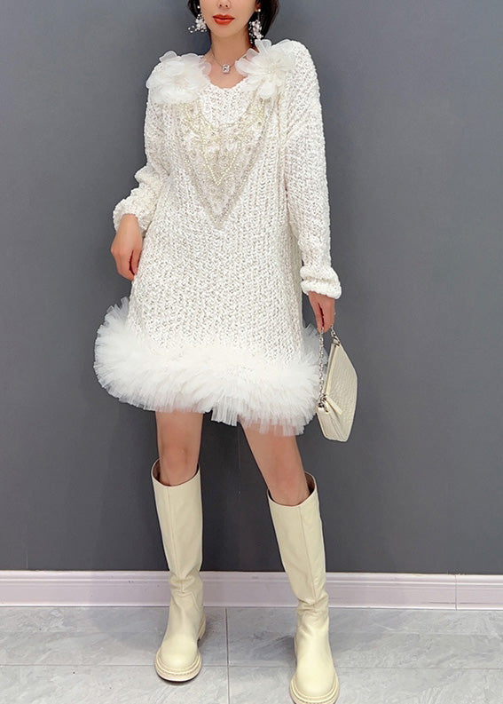 Sexy White O-Neck Tulle Patchwork Knit Dress Long Sleeve