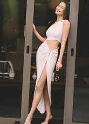 Sexy White One Shoulder Asymmetrical Fake Two Pieces Long Dress Summer