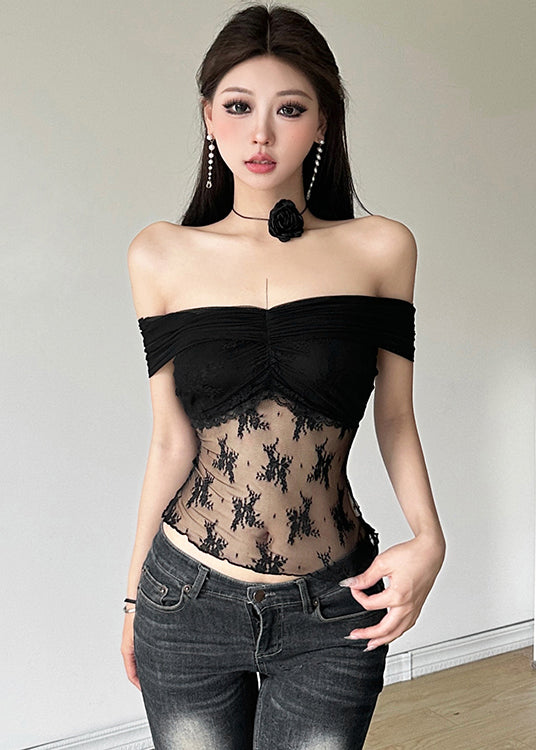 Sexy White Slash Neck Cold Shoulder Lace Embroidered Top Summer