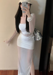 Sexy White Tulle Top And Maxi Skirt Two Piece Set Long Sleeve
