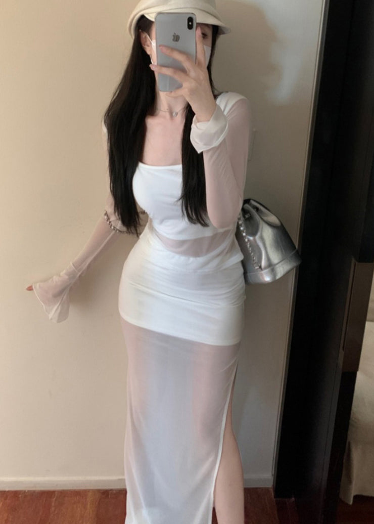 Sexy White Tulle Top And Maxi Skirt Two Piece Set Long Sleeve