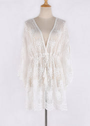 Sexy White V Neck Cinched Beach Lace Bikini Cover Ups Half Sleeve