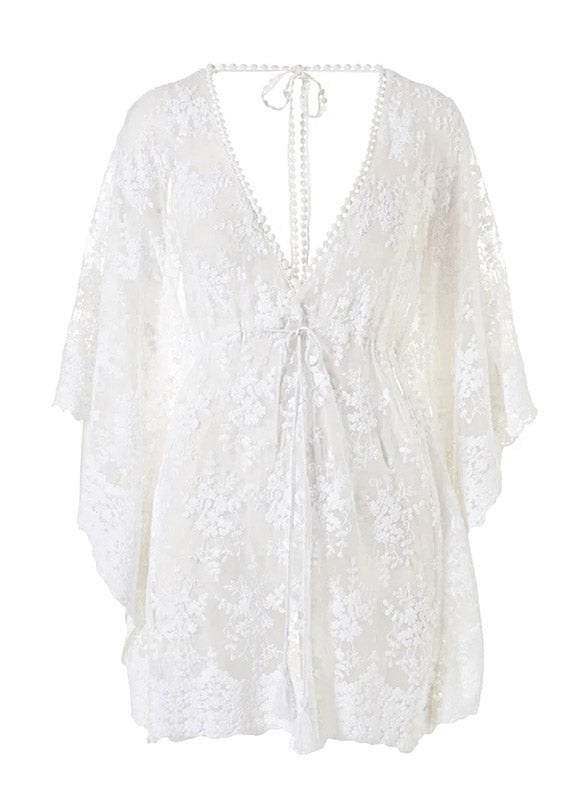 Sexy White V Neck Cinched Beach Lace Bikini Cover Ups Half Sleeve