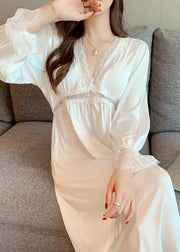 Sexy White V Neck Lace Patchwork Ice Silk Long Dress Long Sleeve