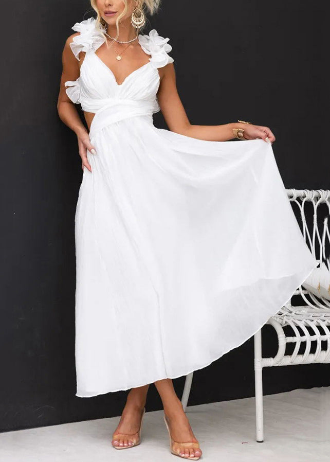 Sexy White Wrinkled Floral Solid Cotton Long Dresses Summer